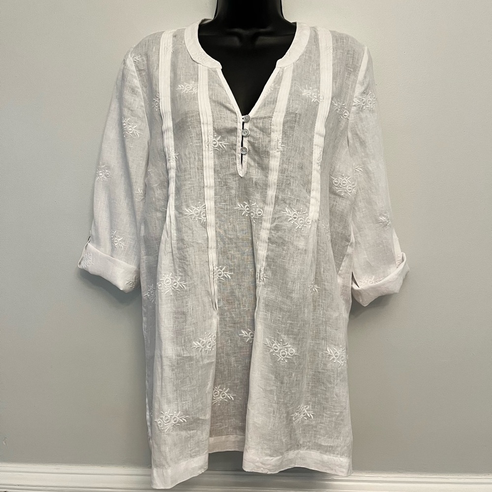 Cynthia Rowley Embroidered Cottagecore White Linen V-Neck Tunic, Size Medium